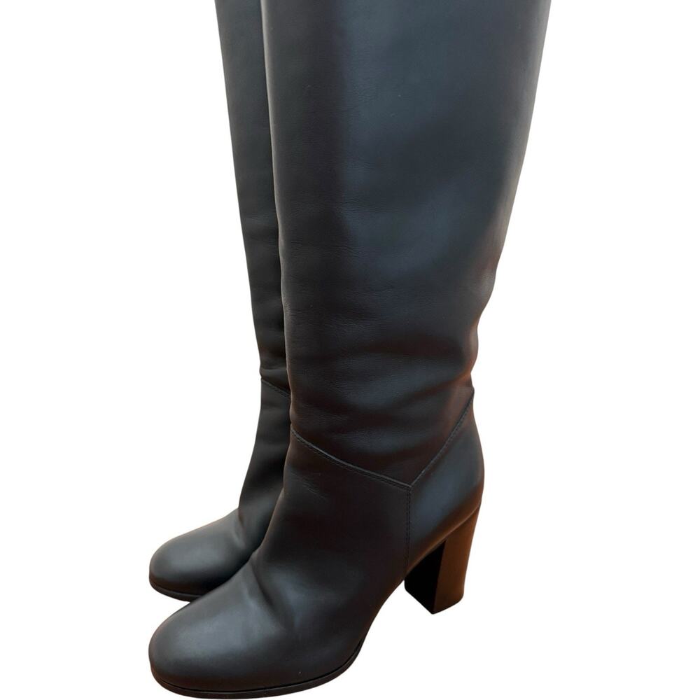 CHANEL Tall Black Leather Knee High Boots Size 38 CC Logo Block Heel - Picture 6 of 16